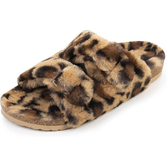 Women's Leopard Cozy Lining Faux Rabbit Fur Cork Open Slipper Sandals Shoes - Picture 5 of 7